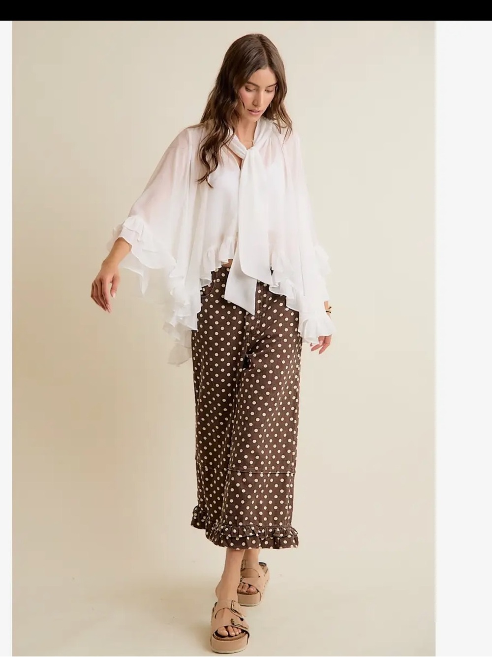687. White sheer ruffle bell sleeve bow tie flowy blouse